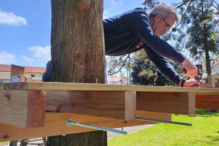 Técnico do SOS Casa fixa vigas de madeira ao tronco de uma árvore.